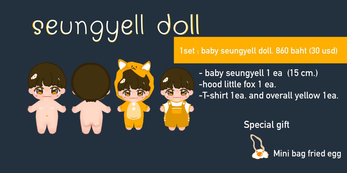 SEUNGYELL1's tweet photo. SEUNGYELL 🍳DOLL Preorder 
Open11/08/2016 - 28/09/2019
SET1 baby
📍SET1 - seungyell doll 860 baht (30usd)
🎁Special gift 
📍SET2 Raincoat 1 ea. 💰350 baht (12 usd)
🎁Special gift 
📍SET3 set1+set2. 💰1210 baht (40usd)
🎁Special gift 

Odder : https://t.co/d32nxyoEdA https://t.co/cxMB5ADUZ6