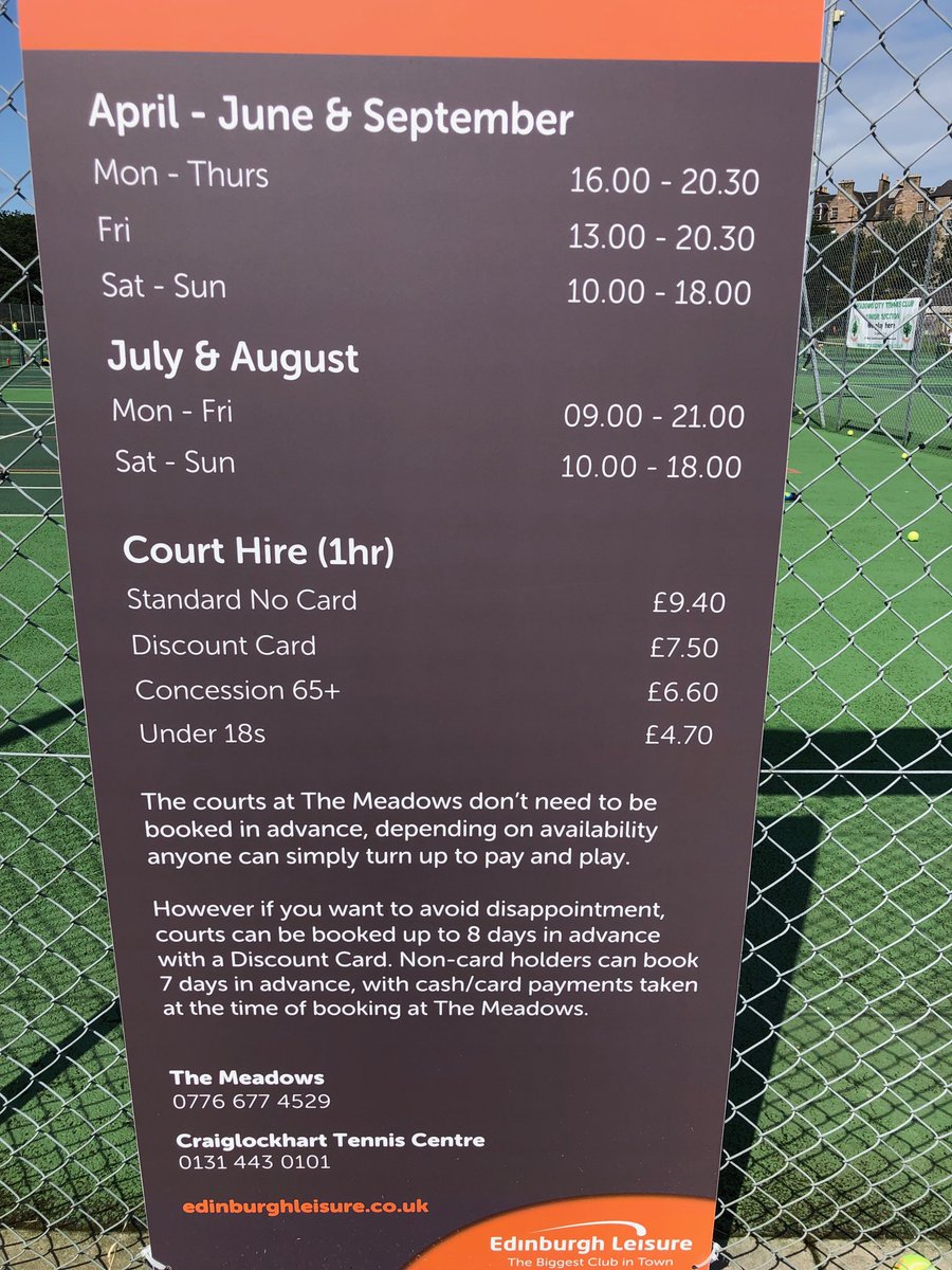 JudyMurray's tweet photo. Walking through The Meadows public park during ⁦@edfringe⁩ and disappointed to see these court hire charges. £9.40 an hour. 😳 Glasgow’s park courts are all FREE. Come on ⁦@EdinburghCC⁩ stop taxing tennis. #tennisforeveryone not just those with ££££. https://t.co/XvHwXb0Bac