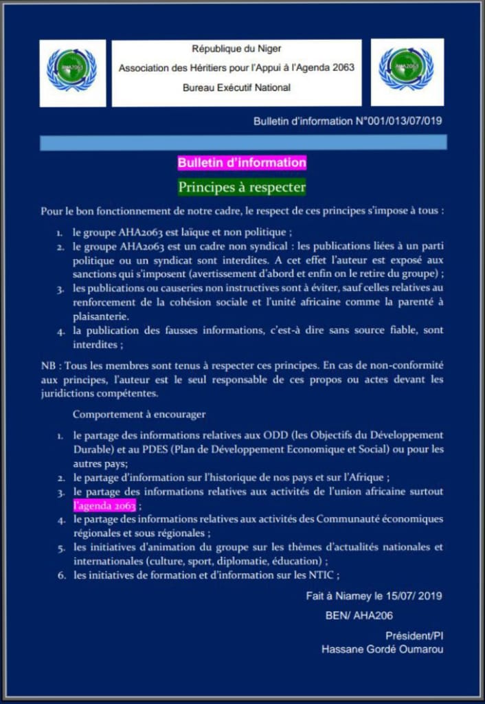 Les principes de AHA2063 sur son compte watsap