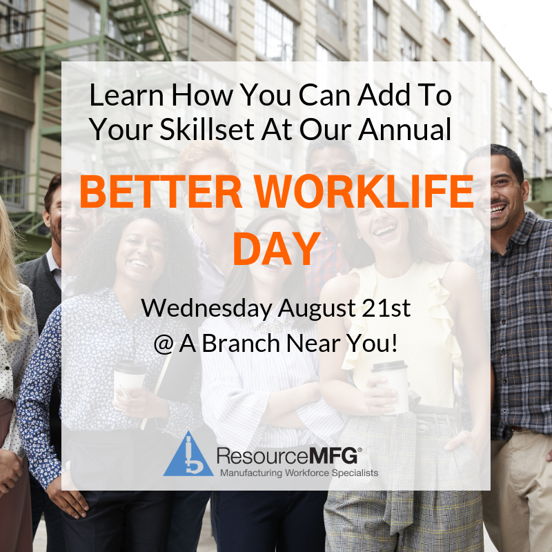 ResourceMFG's tweet photo. Our Voice Of The Blue Collar Worker Survey shows us 95% of workers are willing to invest time to learning new skills.
Better WorkLife day will help you learn about the job opportunities we have available, along with ways we can help you expand your skillset! #betterworklifeday https://t.co/GeYFsdGc7C