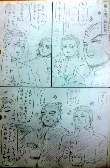 #ゴールデンカムイ版深夜の真剣お絵描き60分一本勝負 
【お題】ヒンナヒンナ(本誌可)

本誌可ということで、菊田さんと有古ちゃんのヒンナです 