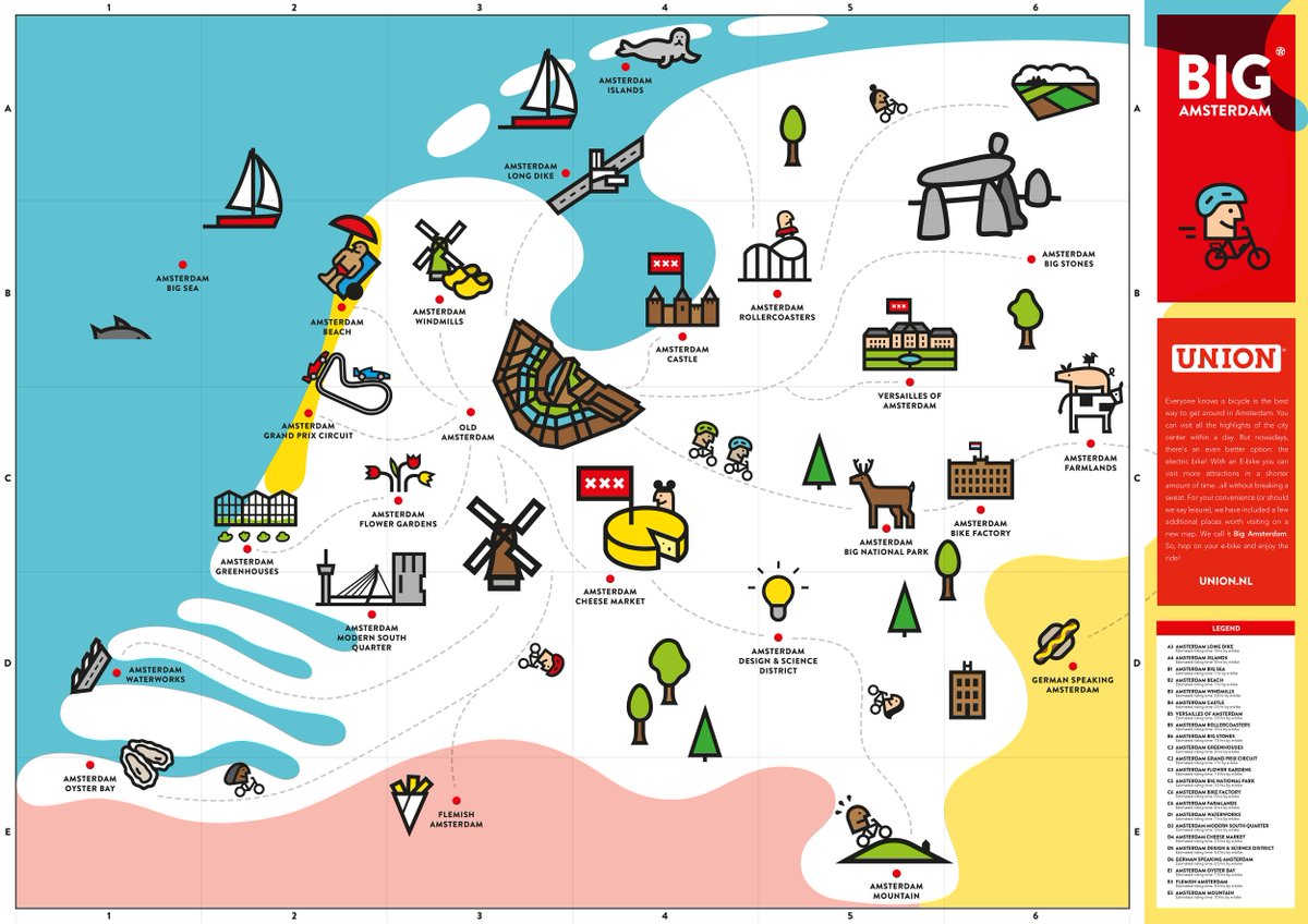 Cycling_Embassy's tweet photo. Nothing is really far away on an electric bicycle.

So Dutch manufacturer Union Bikes developed the "Big Amsterdam" map, a delightful way to encourage tourists to roll out of the city, and discover more of the Netherlands.

Paper copies are available at local hotels and hotspots. https://t.co/vX9wQnAbb7
