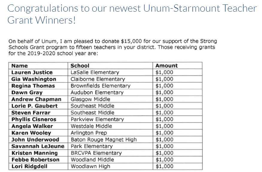 Congrats to <a href="/EBRSchools/">Parody EBRSchools</a> librarian <a href="/loudlillibrary/">Kristen Manning</a> Kristen Manning at Baton Rouge Visual And Performing Arts Center for being awarded one of the Unum-Starmount Teacher Grants!