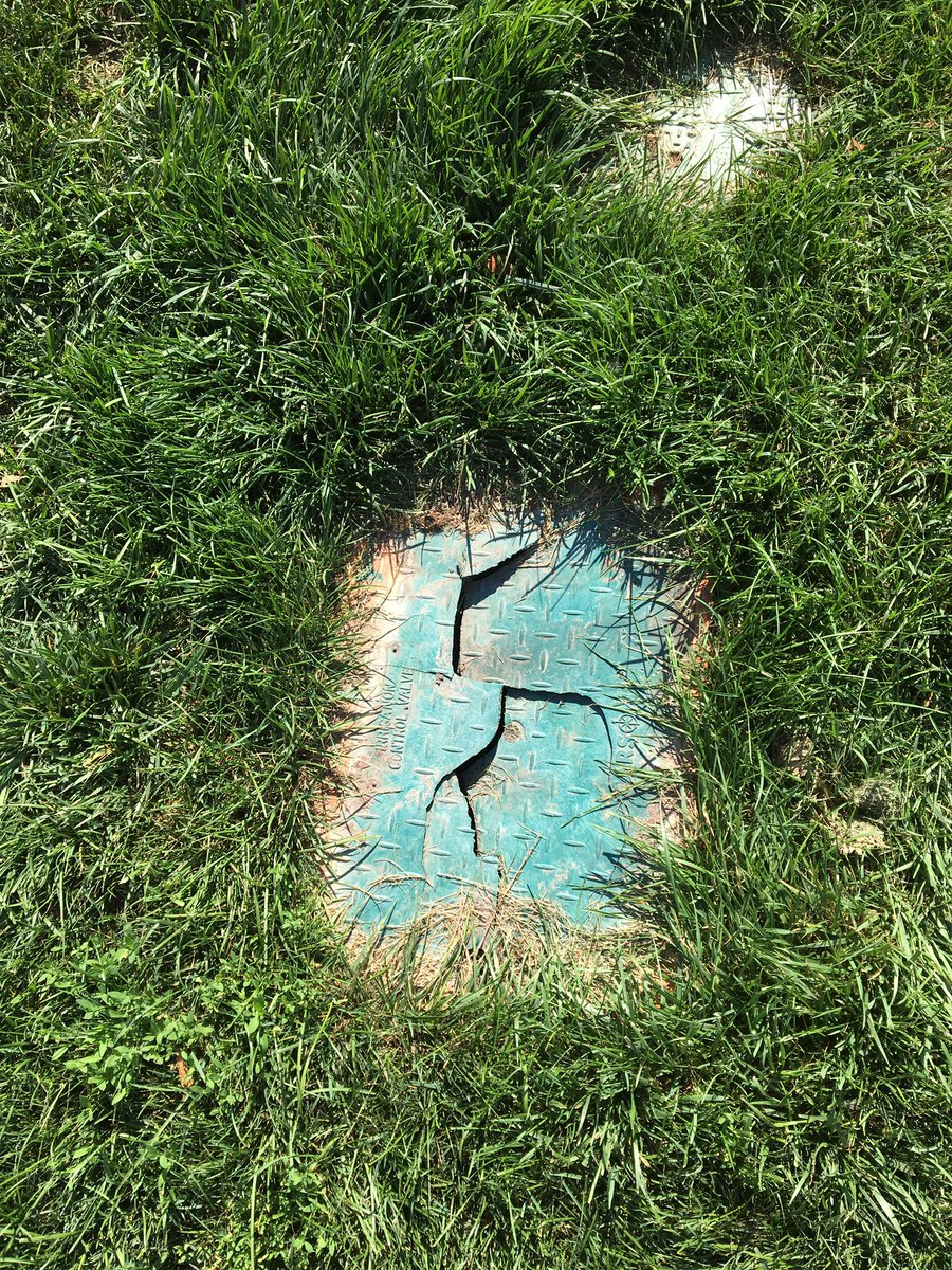 Duncan__Stewart's tweet photo. @citymississauga PSA: broken utility access cover in Memorial Park.  Safety hazard.  Located just west of the skatepark. https://t.co/hHdaUlX1Bb