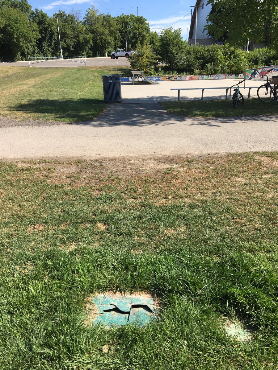 Duncan__Stewart's tweet photo. @citymississauga PSA: broken utility access cover in Memorial Park.  Safety hazard.  Located just west of the skatepark. https://t.co/hHdaUlX1Bb