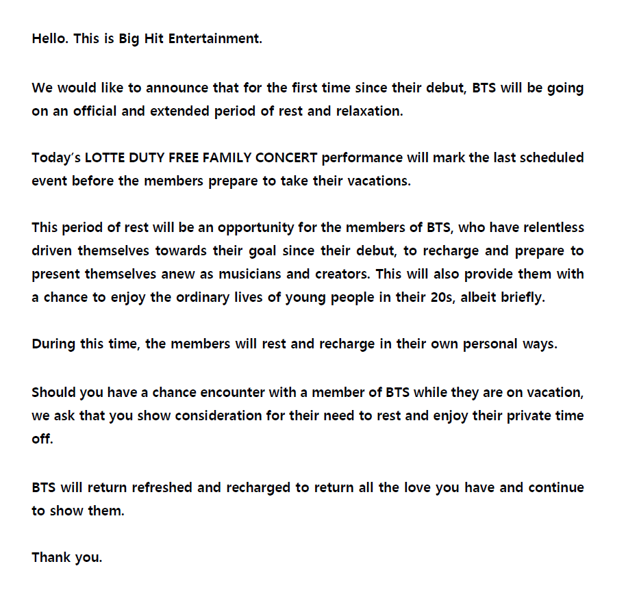 Bighit Entertainment 공지 방탄소년단 공식 장기 휴가 알림 Eng