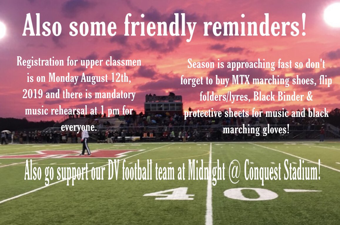 DelValleBand1's tweet photo. Spread the word about spirit Week this week! And don’t forget to buy everything you need for marching season! Go support our DV football today at midnight! See you there! #OFOD #THEDistrict #ItsWhatWeDo https://t.co/Xc2UO02f6S
