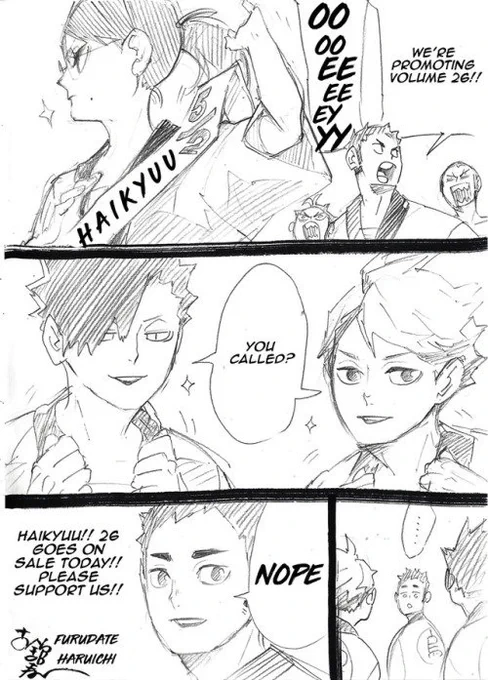 Haikyū!! vol.26 promotion sketch
Translated by Hq Twitter Scans on tumblr : https://t.co/74lA596qtv 
