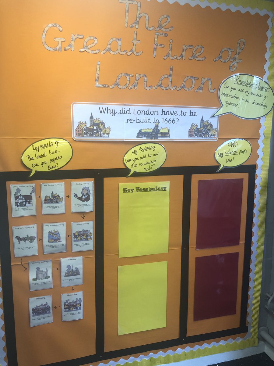 FhtHistory's tweet photo. Turning a display board into a whole class knowledge organiser! Interactive for the children to add their own knowledge and take information away to help with their work #primaryhistory #teachhistory #flyinghightrust #inspire #aspire #greatfireoflondon https://t.co/0nMrKlSADe