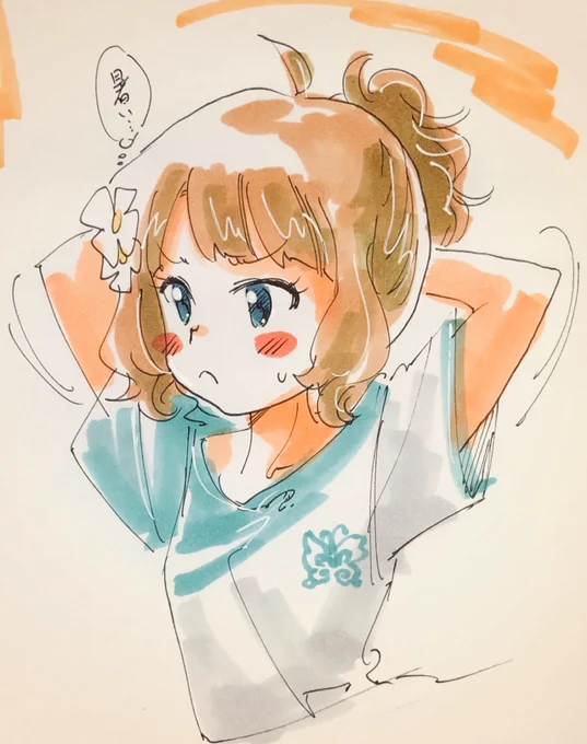 今日の桃子ちゃんセンパイ。のラクガキ。あまりの熱さに髪上げセンパイ。 