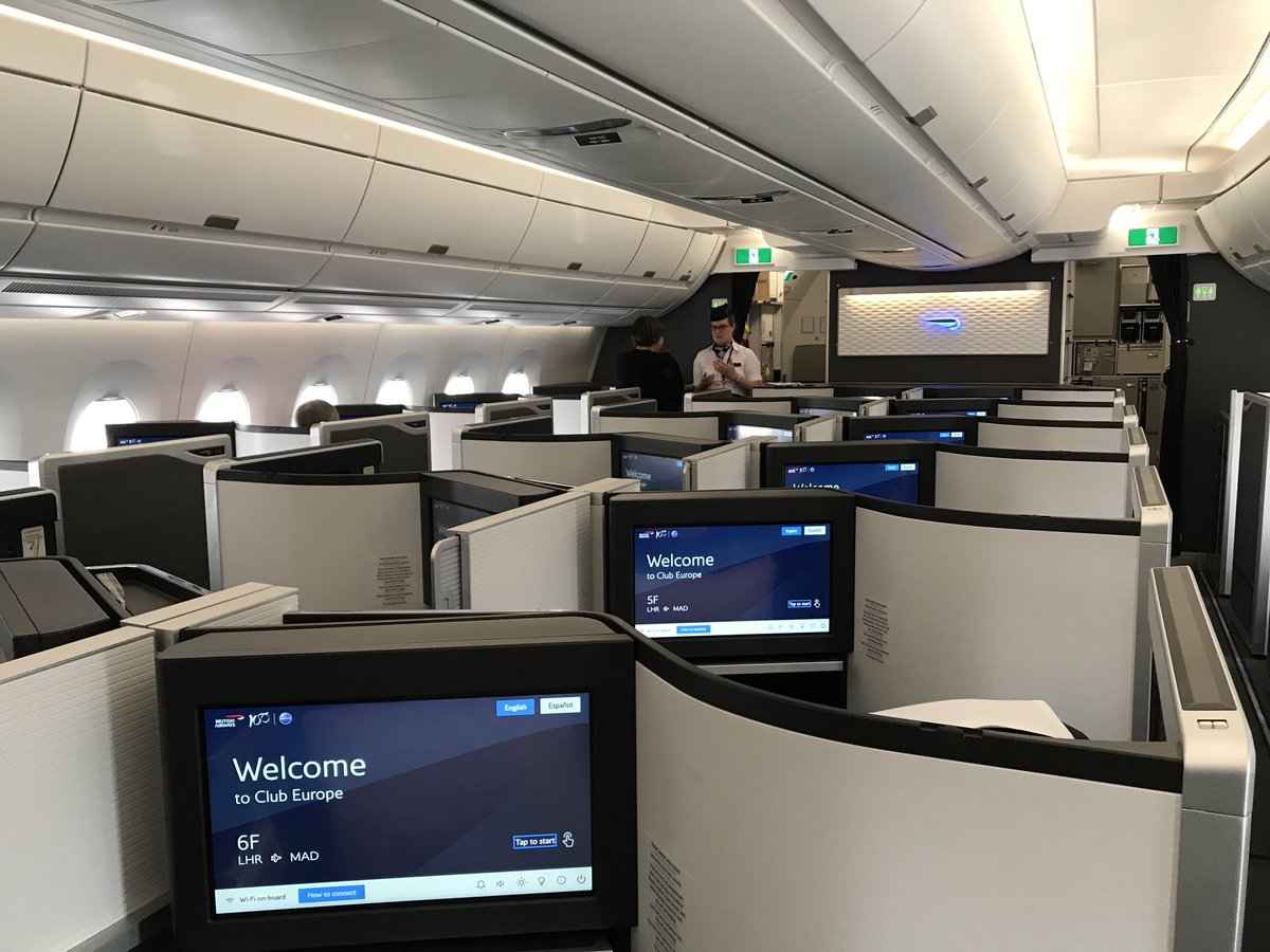 pilot_george_'s tweet photo. Onboard the New @British_Airways #A350. Club Suites look very nice. #BA464 from @HeathrowAirport to Madrid. #BA100 #avgeek #aviation https://t.co/YEVDebkdMJ