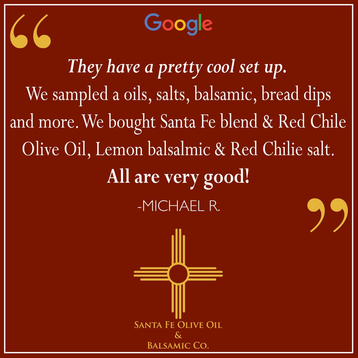 sfoliveoil's tweet photo. 👏👏👏👏Yippie! Thanks for the great @Google review, Michael! We'll feature your review, too! Tag us #shopsfoo #shoplocal #shopsmall #travel #balsamic #familybusiness #healthy #evoo #santafe #albuquerque #local #newmexicotrue #oliveoil #food #cook #testimonial #love #video https://t.co/sS9yuqIU90