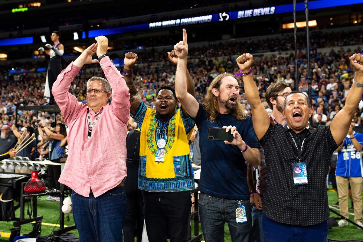 SystemBlue1's tweet photo. Can we talk about how wholesome it is seeing @TheBlueDevils brass staff cheering for the corps during the encore performance? 

#systemblue #dci2019 https://t.co/UBQpizkN4C