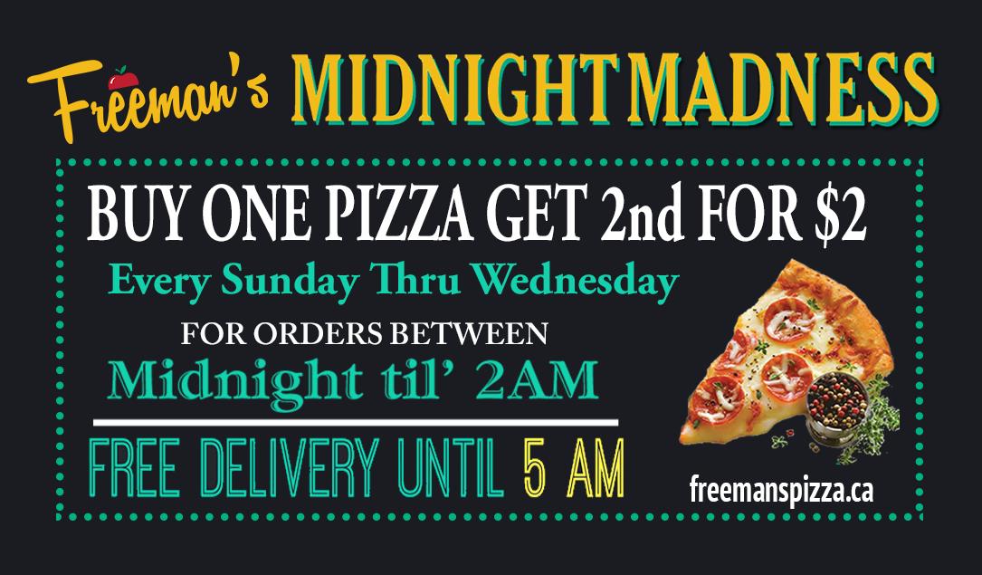 FreemansPizza's tweet photo. Make plans for later tonight! 📣📣 Buy 1 Pizza & Get a 2nd #Pizza 🍕for just $2 when you order after Midnight tonight! Sun-Wed Midnight til' 2am! (902)455-7000 #midnightmadness
.
.
.
.
#halifax #freemanspizza #twopizzas #twooniepizza #midnightspecial #12to2 #freemanslittlenewyork https://t.co/QmJvqglcmL