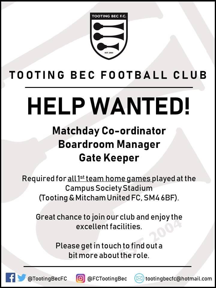 TootingBecFC's tweet photo. We are looking for some help for our game next Saturday, the 17th.

Please get in touch if you could lend a hand 🖐 

#upthebec 🎺🎺🎺 https://t.co/MrcyF2F5QP