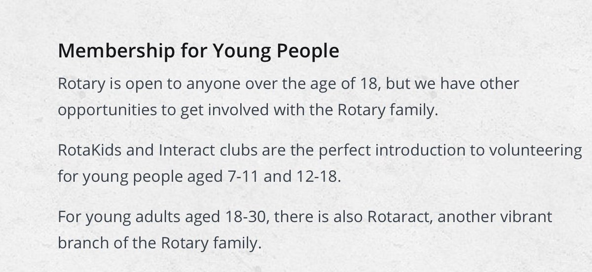 ROTARY
ROTARACT
ROTAKIDS
INTERACT

Just which organisation is for whom?
Even Rotarians can get confused

The pic below will help
....and this link explains exactly what each is for......

(link: rotarygbi.org/projects/young…) rotarygbi.org/projects/young…