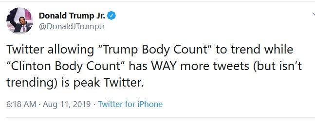 BeeBee5977's tweet photo. Jr. is sad #TrumpsBodyCount is trending on Twitter. https://t.co/rbdZtFs4Cw