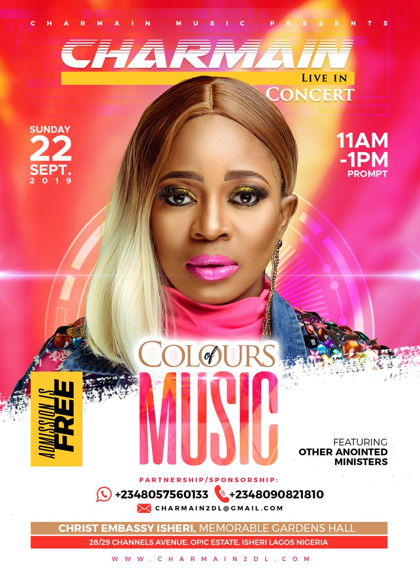 CHARMAIN2DL's tweet photo. With beauty and gladness, I am excited to announce to you that I will be in Lagos on Sunday, 22nd of September 2019 for the Charmain LIVE in the Colours of Music Concert!
I have been blessed with music colours that i want to share with you. See you there!
#ColoursOfMusic https://t.co/vKEpUFGU60