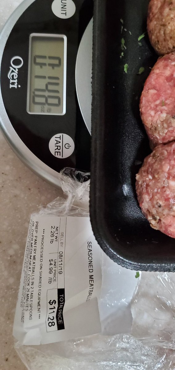 GeneF77's tweet photo. @Publix ok, what do I do about this? Label states 2.26lb. Meatballs weighed 14.5 ounces (tray was.3) https://t.co/jk8fcS6wSl