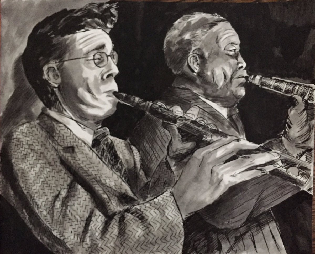 PeterLandau's tweet photo. Bob Wilber (left, with mentor Sidney Bechet), Champion of Jazz’s Legacy #obitpix #bobwilber #clarinetist #saxophonist #swing #dixieland #jazz #sidneybechet #sketch #sketchbook #artwork #artistsofinstagram #penandink #inkwash #drawing #illustration #portrait https://t.co/VQegYoSeq3