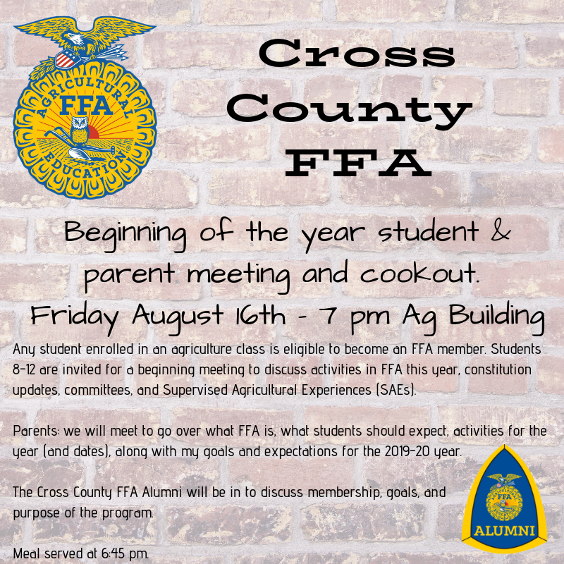 CCC_Milkshake's tweet photo. Cross County Families: if your student is enrolled in an agriculture class this year, please join us for a back-to-school student and parent FFA meeting. We will be hosting the event Friday August 16th at 7 pm for hamburgers and information! https://t.co/yFzPVTz9xg