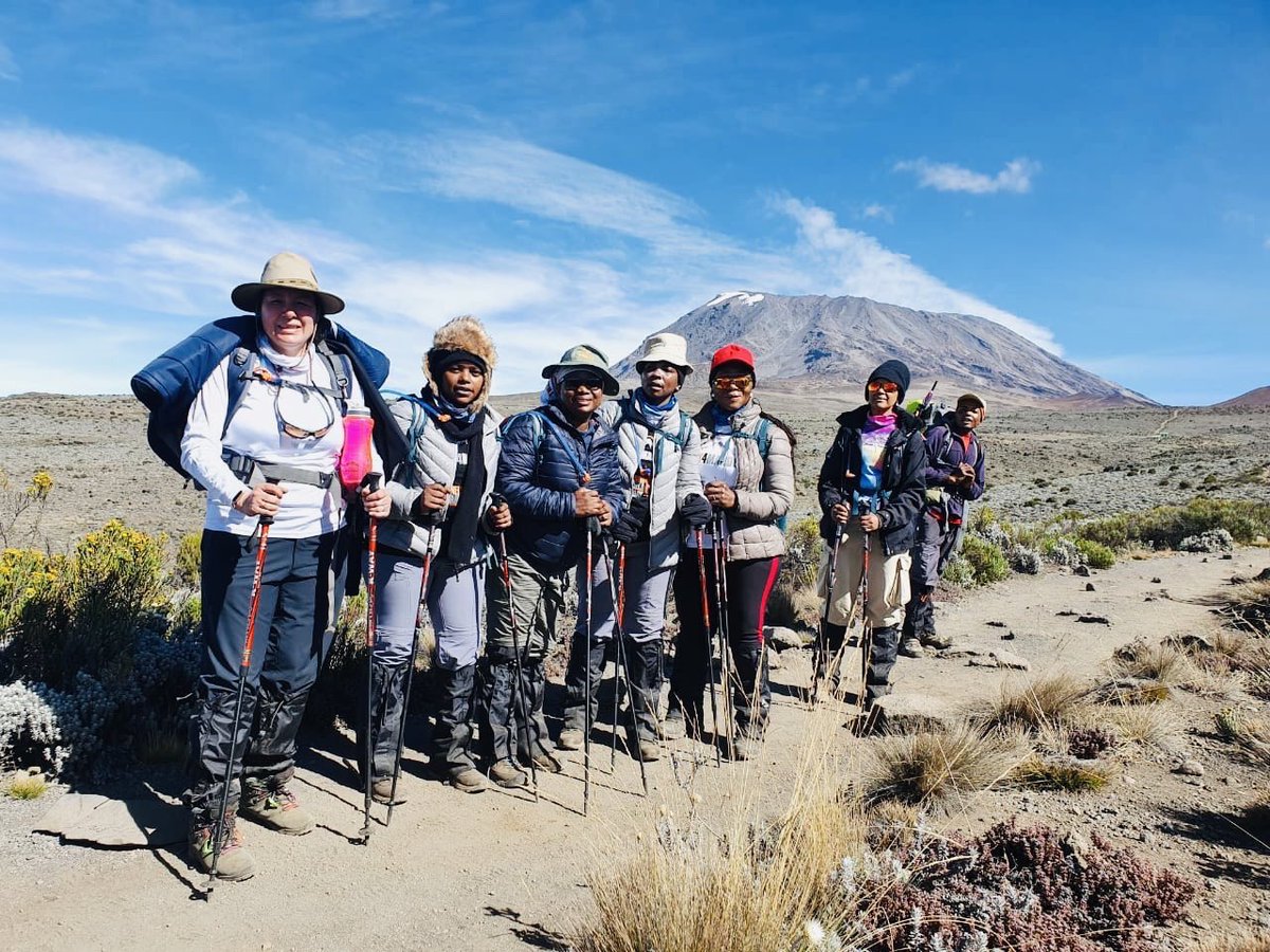 CyrilRamaphosa's tweet photo. A very warm welcome back to the #Trek4Mandela team for their successful summit of Mount Kilimanjaro during their Women’s Day climb for Dignity &amp; Social Justice. The aim of the expedition is to raise funds to ensure that 1 million girl children don’t miss a day of school. https://t.co/UC2tkH649S