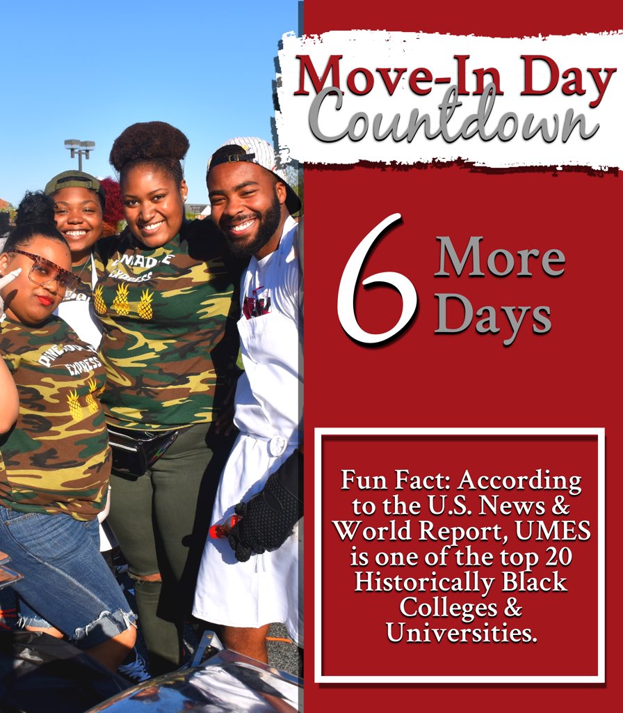UMES_Admissions's tweet photo. And the countdown continues #UMES23 🦅🎉! 

6 more days until our new hawks join the family 🤗! 

What are you guys most looking forward to experiencing at our #Top20HBCU ? https://t.co/4IJqTjFKMN