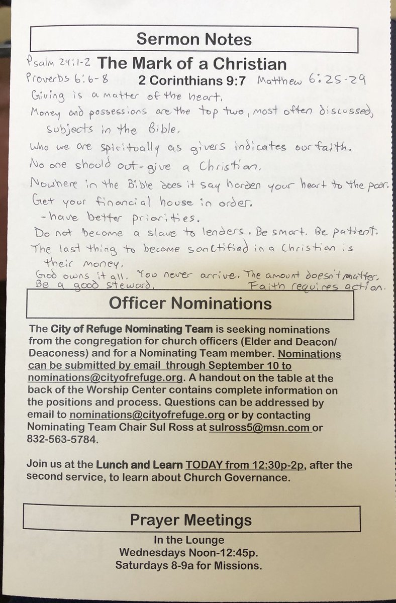 CityofRefugeHTX's tweet image. The mark of a Christian is often found in what they spend their money on. Thank you Sam Johnson for a message that spoke on more than just giving. Where does your heart lie? Are you spending in good stewardship and obedience? 

#ChurchNotes