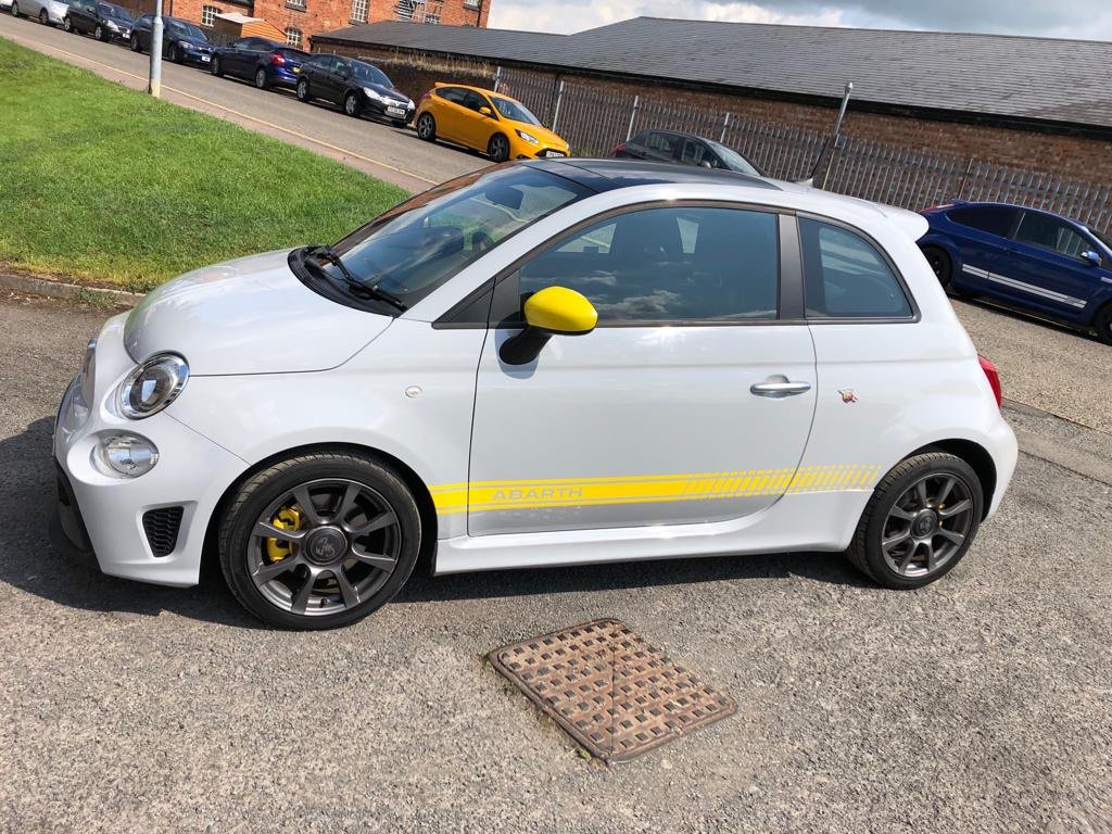DigitalDeadline's tweet photo. A great set of yellow vinyl highlights to this fantastic pale grey @FIAT_UK  @AbarthUK.  #iwrappedthis in @AveryDennison Supreme Vinyl. Give us a call to find out how #wevegotitcovered for your pride and joy 01664 410088 https://t.co/FVGH0hKCrQ