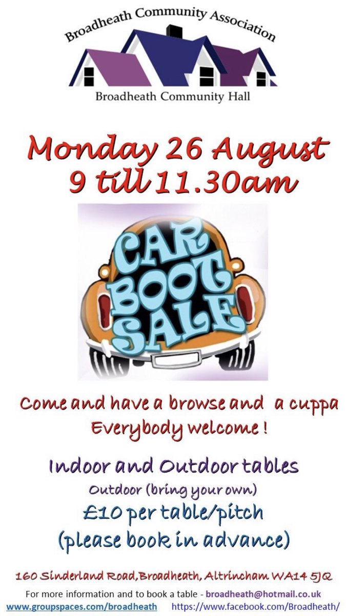 CARBOOT SALE - BANK HOLIDAY MONDAY Taking place Broadheath Community Hall 9 -11.30am This coming Bank Holiday Monday. All enquires about tables please email broadheath@hotmail.co.uk #broadheath #carbootsale #altrincham #bankholidayweekend