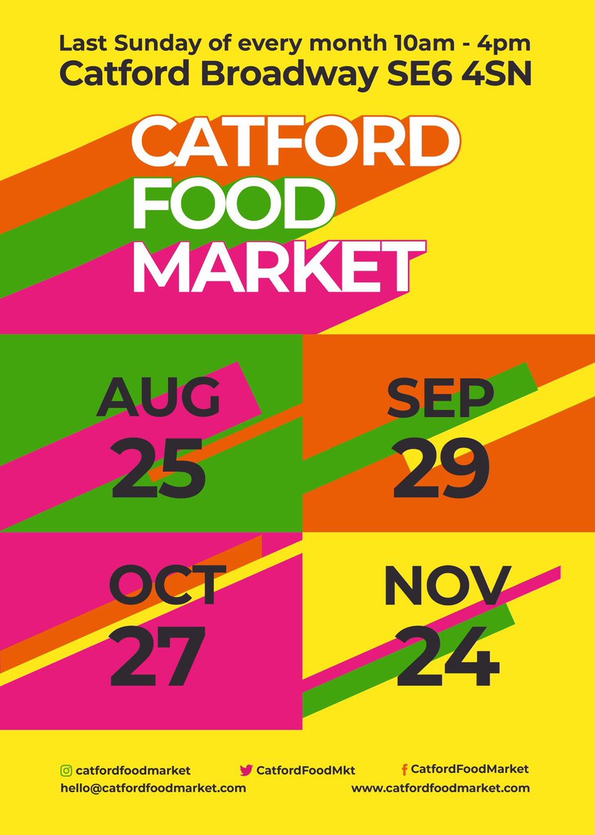 Only two tiny weeks today until we get back on Catford Broadway. 
Who’s coming down for some serious food, shopping &amp; good times? 
Sunday 25th August. 
10am-4pm. 
#Catford #CatfordFoodMarket