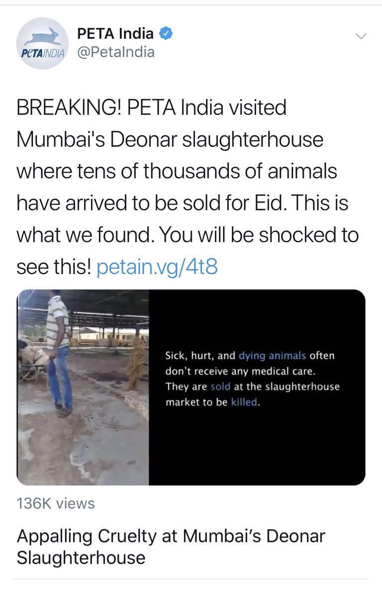 We are absolutely socked to see @PetaIndia tweet about #AnimalCruelty during #Eid !
Now please support #BanAnimalKilling for this wretched inhuman celebration!
The clip was too disturbing to be quoted😢