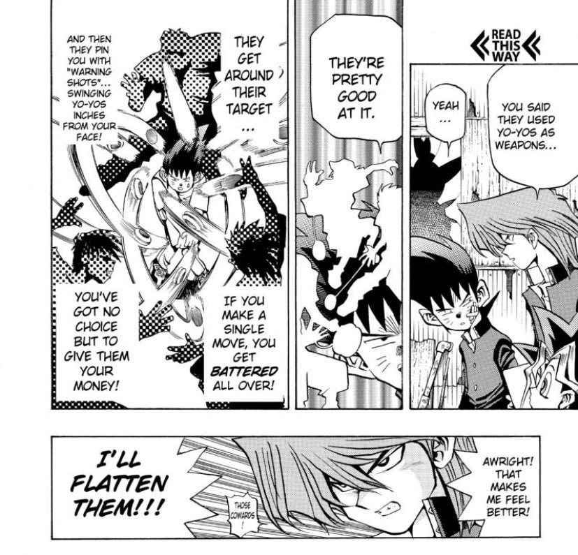 There are actually two chapters of Yu-Gi-Oh where Joey and Yugi confront a gang that use yo-yos as weapons. You cannot make this stuff up.