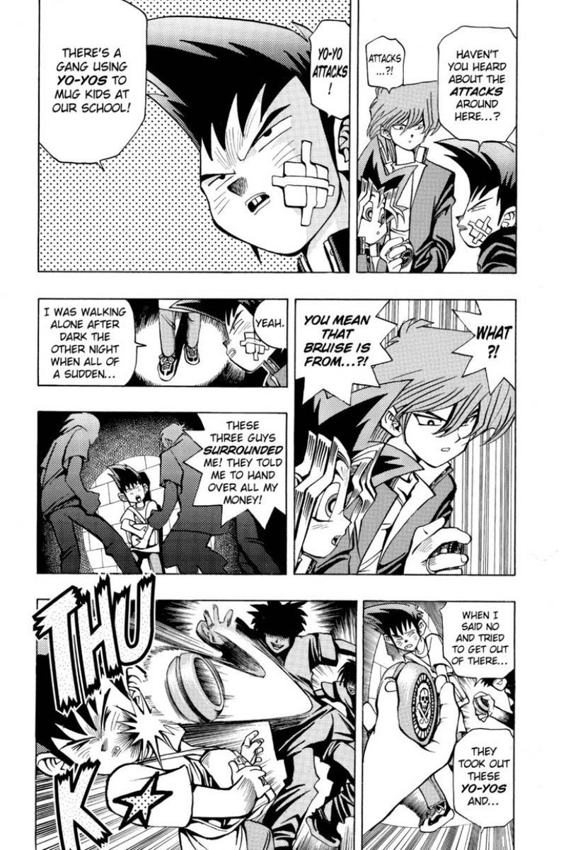 There are actually two chapters of Yu-Gi-Oh where Joey and Yugi confront a gang that use yo-yos as weapons. You cannot make this stuff up.