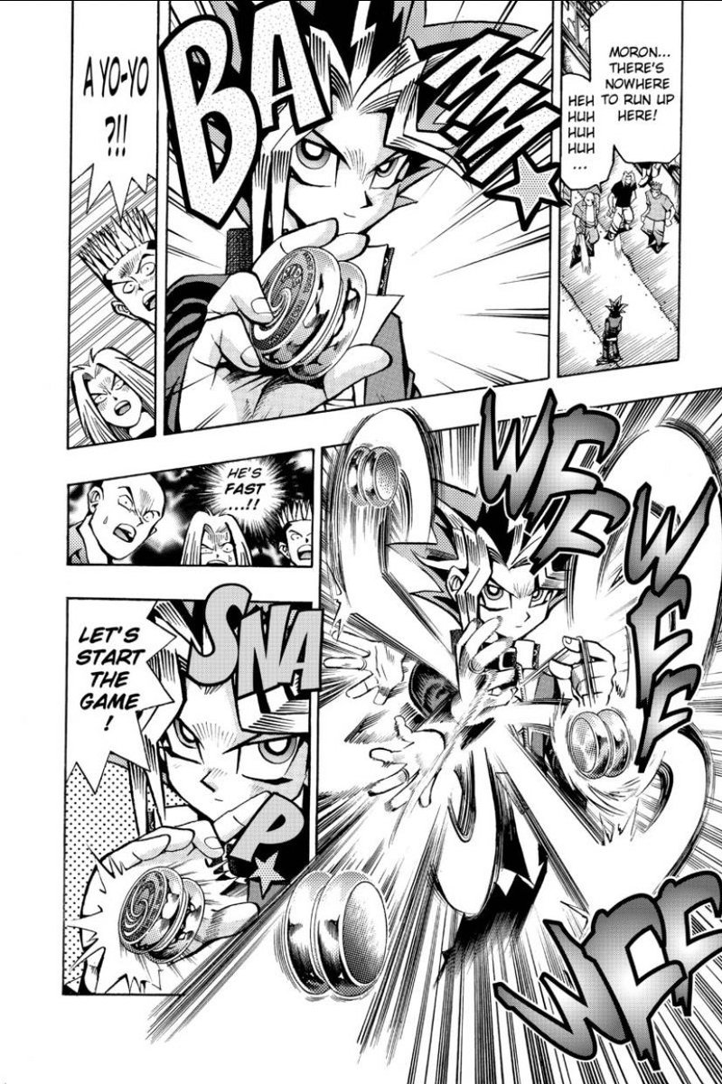 There are actually two chapters of Yu-Gi-Oh where Joey and Yugi confront a gang that use yo-yos as weapons. You cannot make this stuff up.
