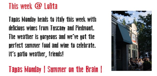 This week @ Lolita - August 11, 2019 | Tapas Monday heads to Italy! - mailchi.mp/50f30464fb2e/t… We're in Tuscany and Piedmont with Vermentino, Sangiovese, Barbera d'Asti and more!

3:30 pm - 9:30 pm (or until we run out!). Alongside our full regular menu.