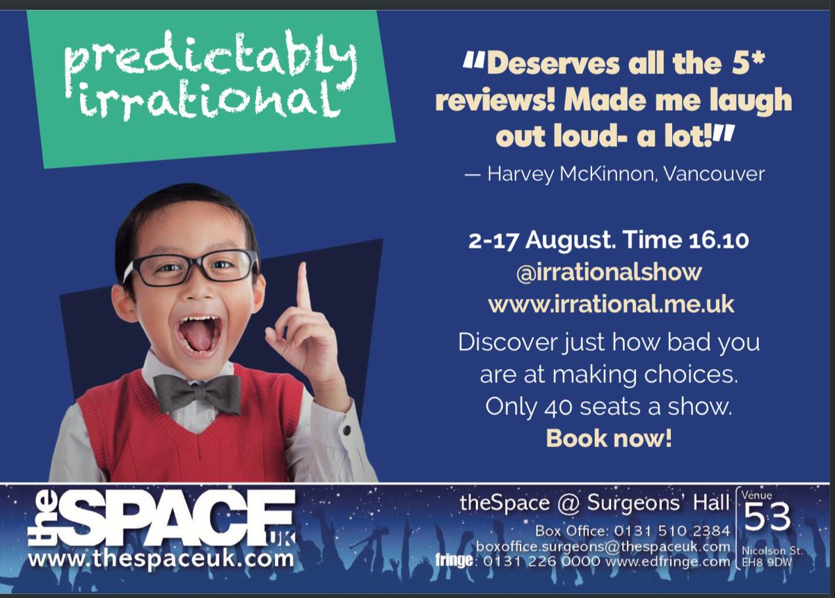 irrationalshow's tweet photo. Find out just how bad you are at making decisions! Six chances left to see Predictably Irrational. 16.10 Monday-Friday #edinburghfringe19 https://t.co/cUpKIpkBUW