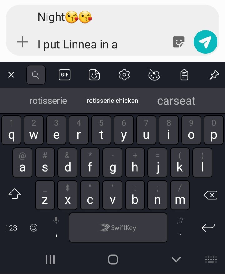 Rachelannegelo's tweet photo. @acrumbles I can't say I've ever put Linnea in a rotisserie chicken, but my keyboard predicted that was most likely. (It was going to be 'night diaper') https://t.co/bpEyMpmPmW