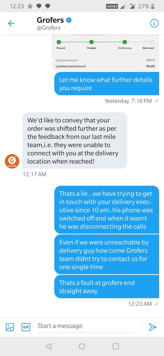 SanityOverratd's tweet photo. @Grofers What a lie @Grofers...kudos to your incompetent team for blaming the customer instead of accepting the fault.. https://t.co/DzXgR5NJ8T