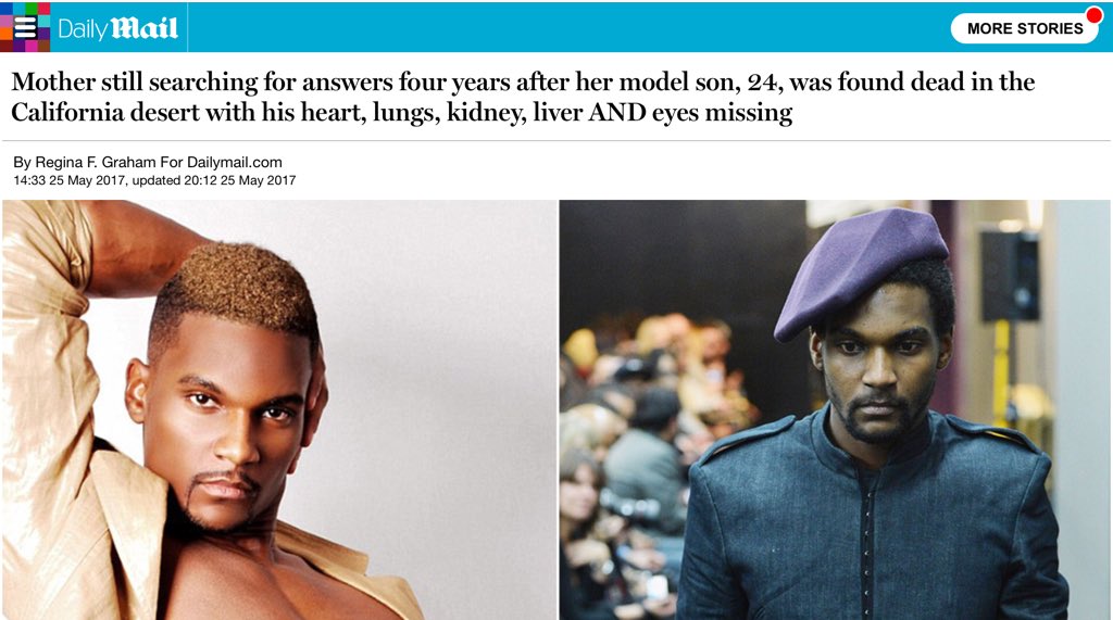 dmills3710's tweet photo. ICYMI: July 2013 - Ryan Singleton, 24, Aspiring Model &amp; Filmmaker Disappeared Amid Very Strange Circumstances - Found Dead In Mojave Desert Missing His Heart, Lungs, Kidneys, Liver &amp; Eyes▫️ Case Still Open▫️

@POTUS @TraffickStop 
https://t.co/spXUFAs1VN https://t.co/uab7m0xmMW