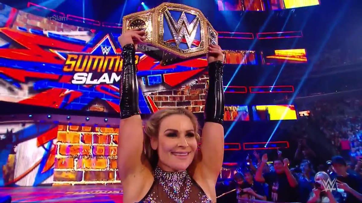NatbyNature's tweet photo. The Man says I’ve done “nothing.” Really?? Time to shut your mouth for once and get down to business. You quit once, you’ll quit again tonight. Unlike you, Becky, this is all I’ve ever dreamed of. #AndNew #SummerSlam 🇨🇦👊 https://t.co/tN686qM0aK