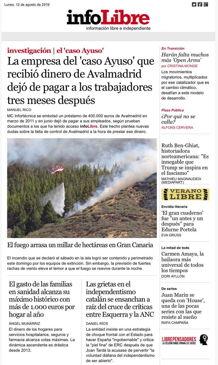 jesusmarana's tweet photo. Nuevos datos sobre el ’caso #Ayuso ‘ en Portada de @_infoLibre: la empresa que recibió dinero de #Avalmadrid dejó de pagar a sus empleados tres meses después.
https://t.co/dvvh4E23Bx https://t.co/tz4ZEOH1Ql
