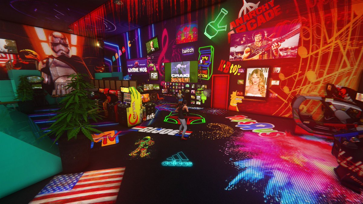anarchyarcade's tweet photo. I spawned PNGs of cool stuff into a plain cube room, along with some media shortcuts, and now the room is #awesome.  #AArcade #metaverse #3ddesktop https://t.co/7e22B74py5