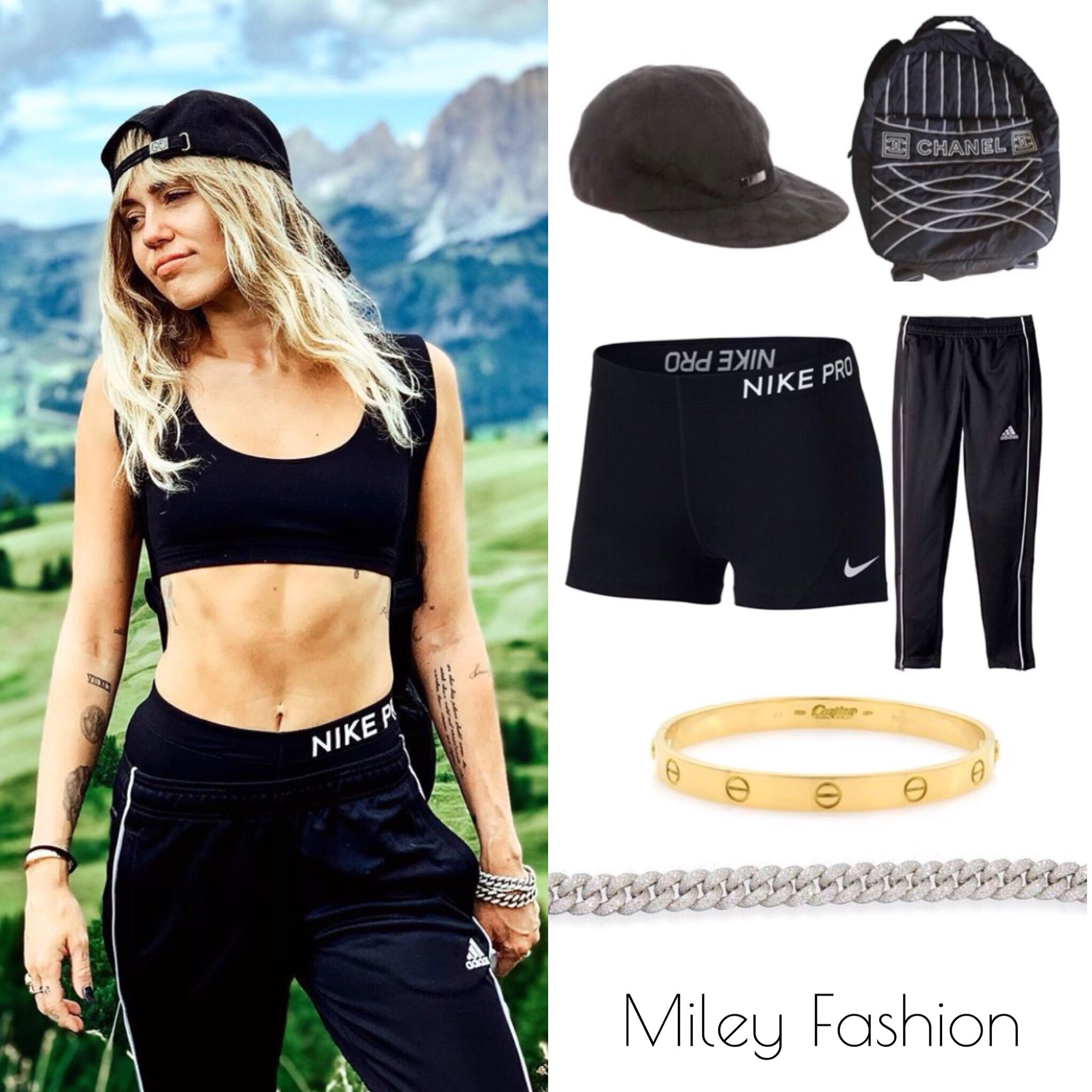 Miley Cyrus Fashion on Twitter: "{Style Guide} @mileycyrus visited The Dolomites in Italy wearing: • Gucci Monogram Baseball w/ Silver Accent • Chanel Sports Line Nylon Backpack • Nike Pro Training