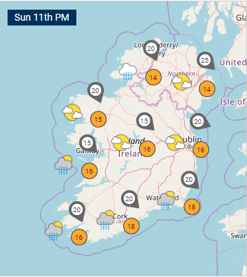 MetEireann's tweet photo. Tonight will be largely dry and clear with minimum temperatures of 7 to 10 degrees. 
Monday will start mainly dry and sunny, however cloud will build during the day and showers will become widespread in the afternoon. https://t.co/Q1p50685oO