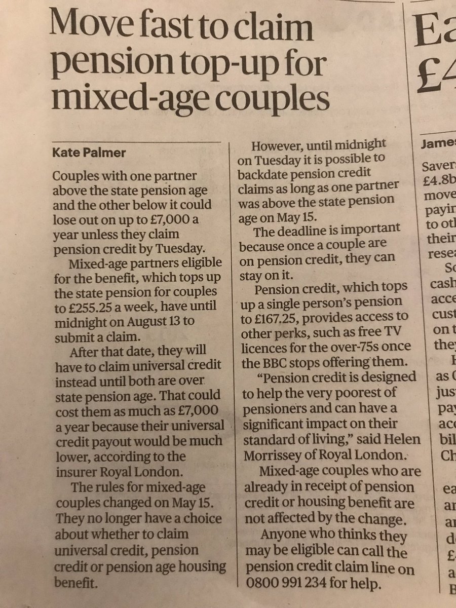 Tuesday is the deadline to claim pension credit for mixed age couples (where one partner is above state pension age & one is below) A policy change that will penalise the poorest #AgeGapTax ageuk.org.uk/information-ad… @thesundaytimes