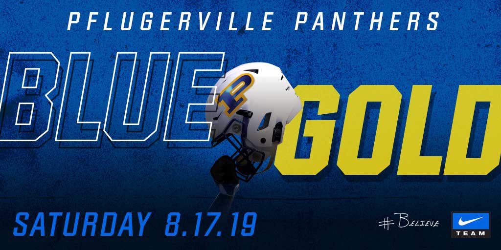 PF_HighFootball's tweet photo. Blue/Gold is back. Kuemple Stadium : Saturday 8/17. Freshman &amp; JV Football @ 9am. Band, Cheer, Dance &amp; Varsity Football @ 10am #OurVille #Pvilleforever #THSFB #Believe #Pfamily @PflugervilleHSB @PflugervilleHS https://t.co/IrOQrWFVwV