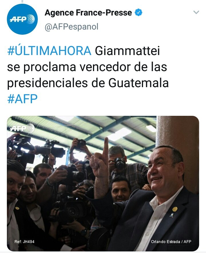 GuatemalaPost's tweet photo. La agencia de noticias francesa @AFPespanol publica: 
 Giammattei se proclama vencedor de las presidenciales de Guatemala #Elecciones2019GT #SegundaVuelta https://t.co/RpioHVDqXw