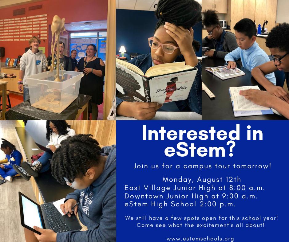 eStemPCS's tweet image. If you or someone you know is interested in eStem, join us for a campus tour @eastvillagejhs @eStemDTJHS @eStemHighPCS tomorrow! Come see our campuses, peek inside our classrooms, and ask questions! We'd love to have you see the eStem difference in action!