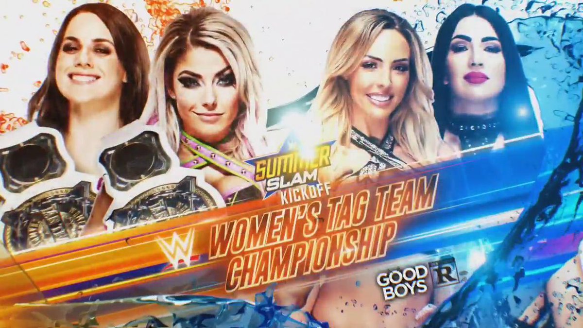 SummerSlam's tweet photo. #SummerSlam Kickoff is about to be a LITuation...

🔥 @AlexaBliss_WWE &amp; @NikkiCrossWWE vs. #TheIIconics
🔥 @WWEApollo vs. @WWE_Murphy 
🔥 @DrewGulak vs. @_StarDESTROYER https://t.co/iEj5YPCpVd